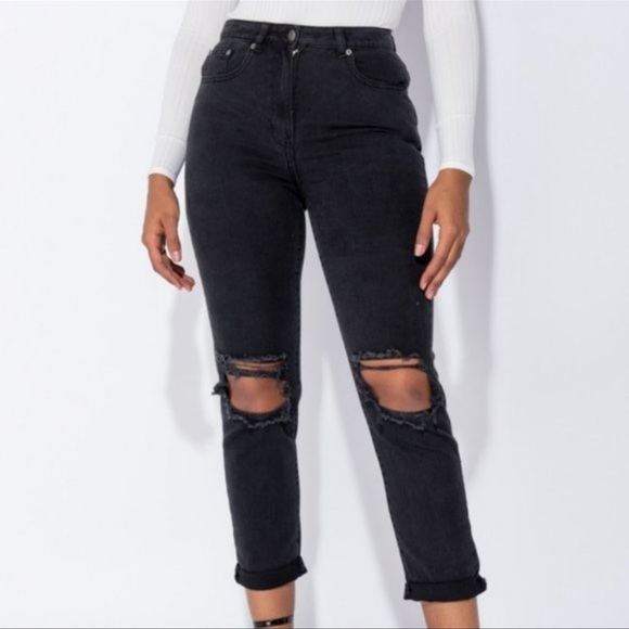 Black High Waist Ripped Distressed Cuffed Boyfriend Jeans Denim Pants - Picture 5 of 9